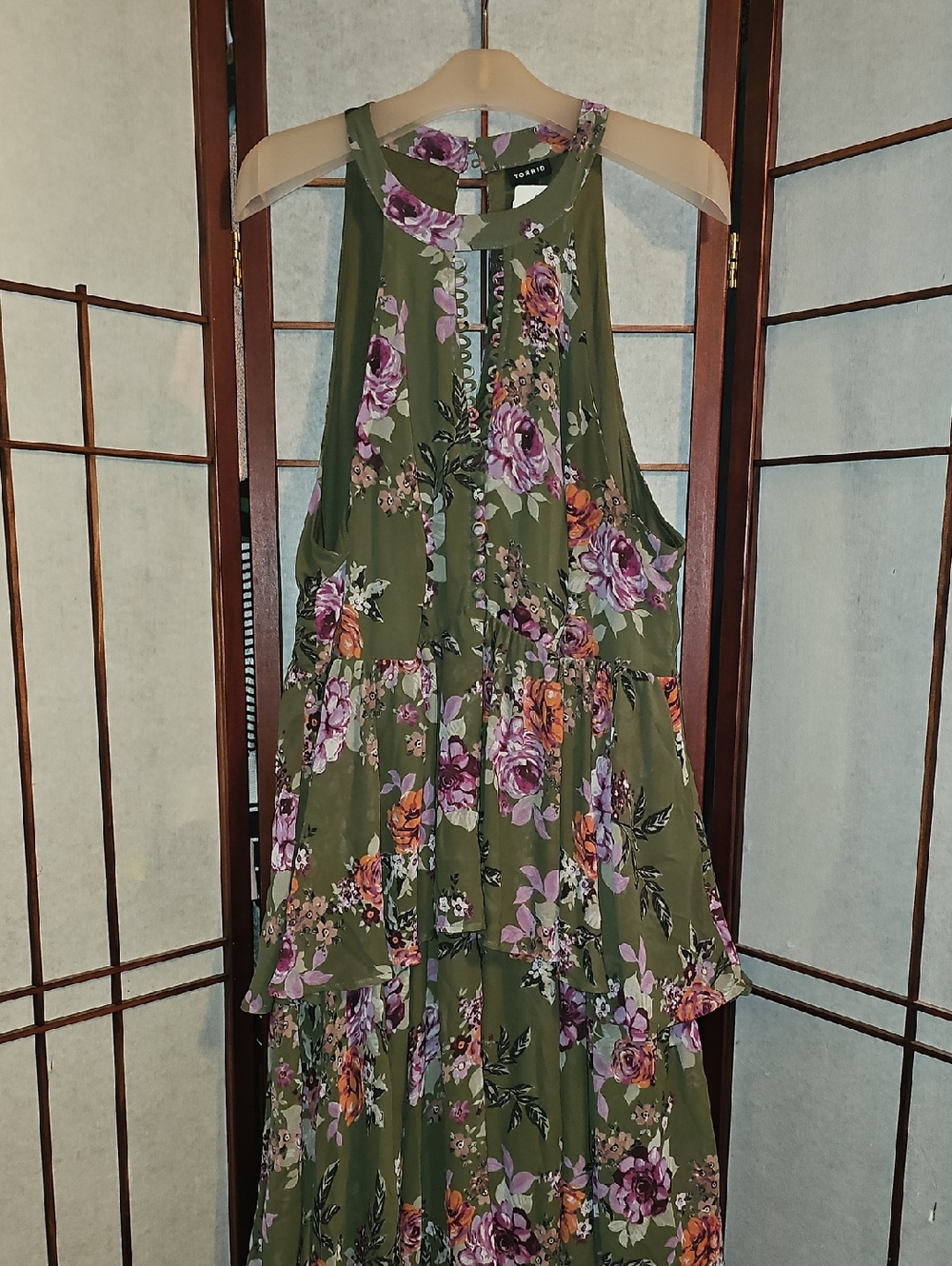 torrid Olive Floral Halter Maxi Dress with Pink & Purple Blooms